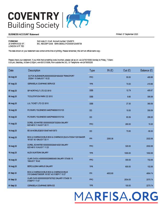 Downloadable Coventry Building Society organization checking account statement Word and PDF template